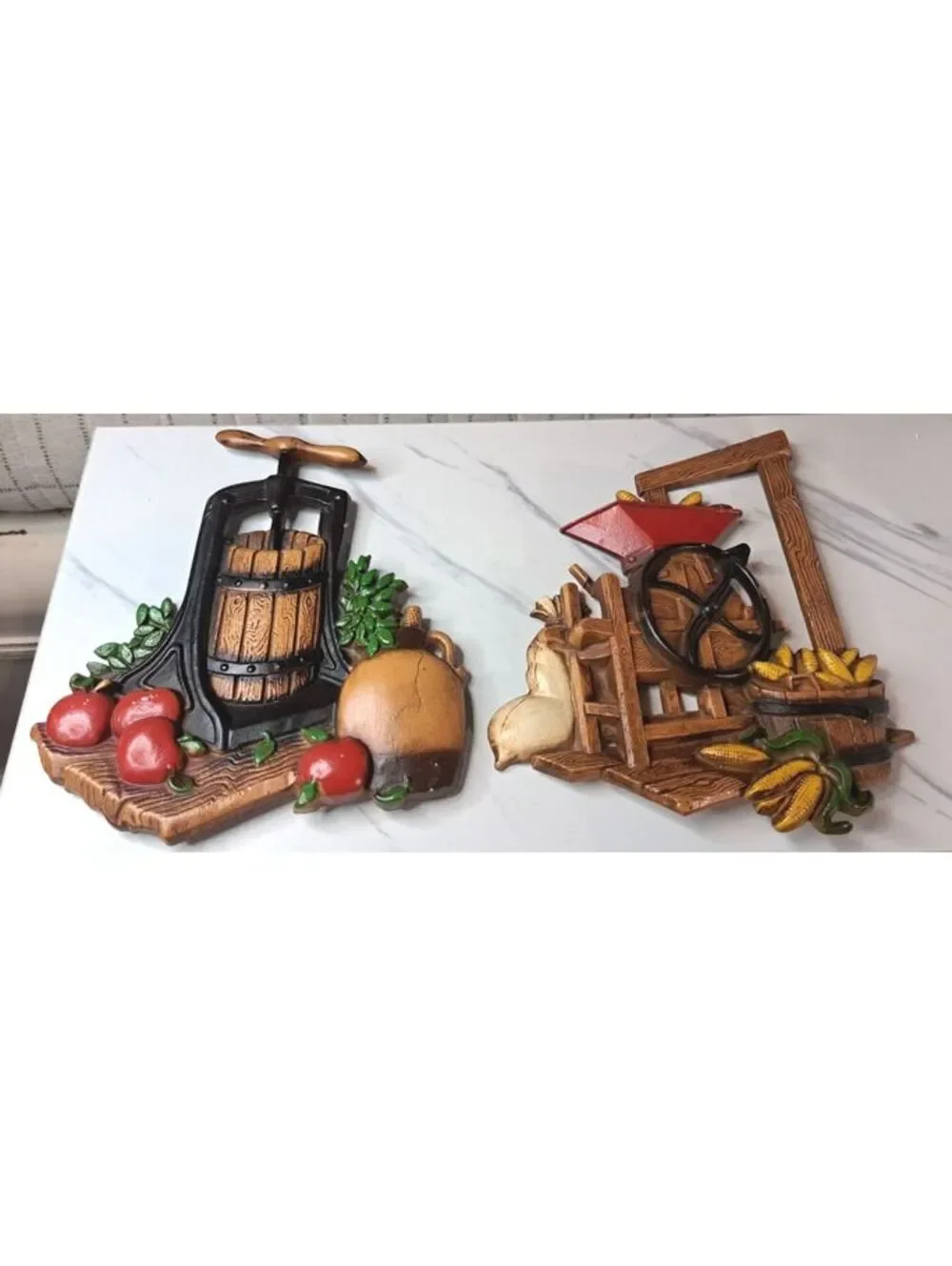 Vintage Rustic Cottage 1970's Homco Farmhouse Cider Press Kitchen Wall Plaques